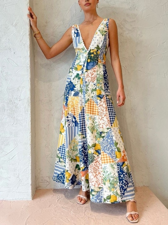 Commense Dresses & Skirts - Commense Blue White Lemon Patchwork Floral Maxi Dress Lace Trim V Neck M